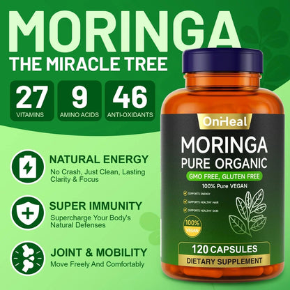 YBFQ Organic Moringa Capsules 1000 mg, 120 Count - Moringa Capsules with Organic Olefeira Powder, Supports Healthy Hair and Skin, Energy and Balance YBFQBuy Supplements Australia