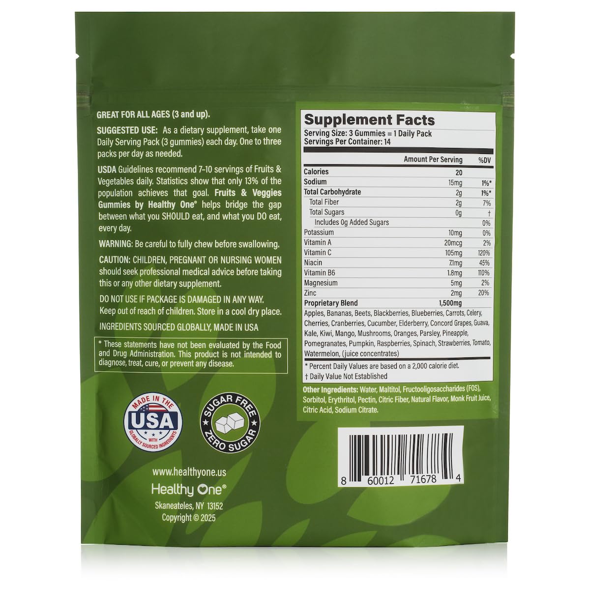 Fruits & Veggies Sugar-Free Gummies - 27 Whole Foods - Equals 3 Servings of Fruits & Vegetables - Improve Energy, Focus & Immune Function - Fiber - Antioxidants - Organic Ingredients - 28 Packets Healthy OneBuy Supplements Australia