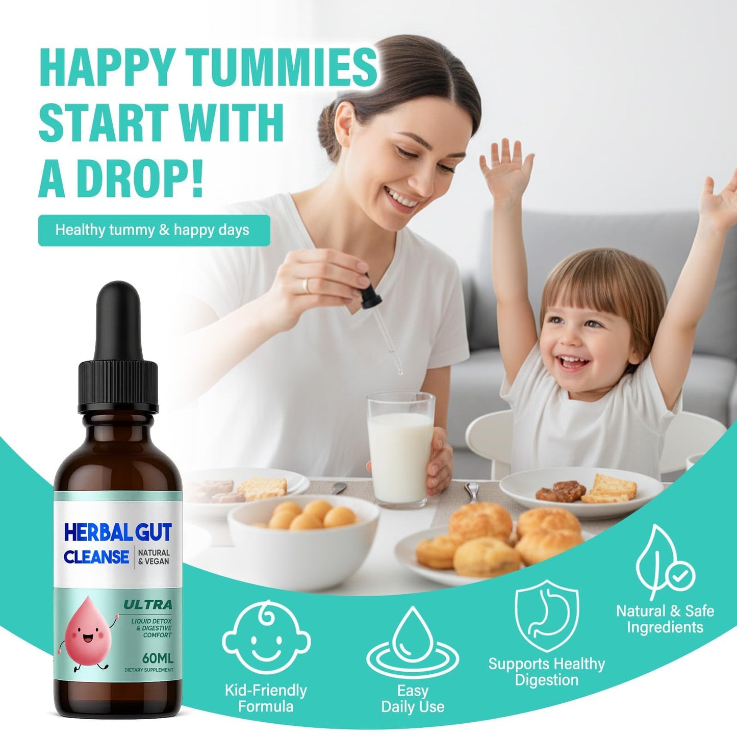 Kids Herbal Gut Cleanse Drops, Parasite Cleanse for Humans Liquid with Wormwood, Black Walnut & Probiotics, Supports Digestive & Overall Gut Health for Children (2 oz) HerbXBuy Supplements Australia