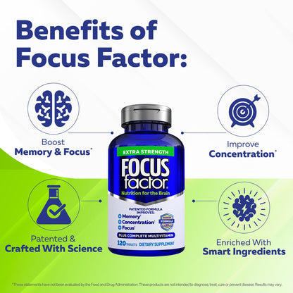Focus Factor Adults Extra Strength, 120 Count - Brain Supplement for Memory, Concentration and Focus - Complete Multivitamin with DMAE