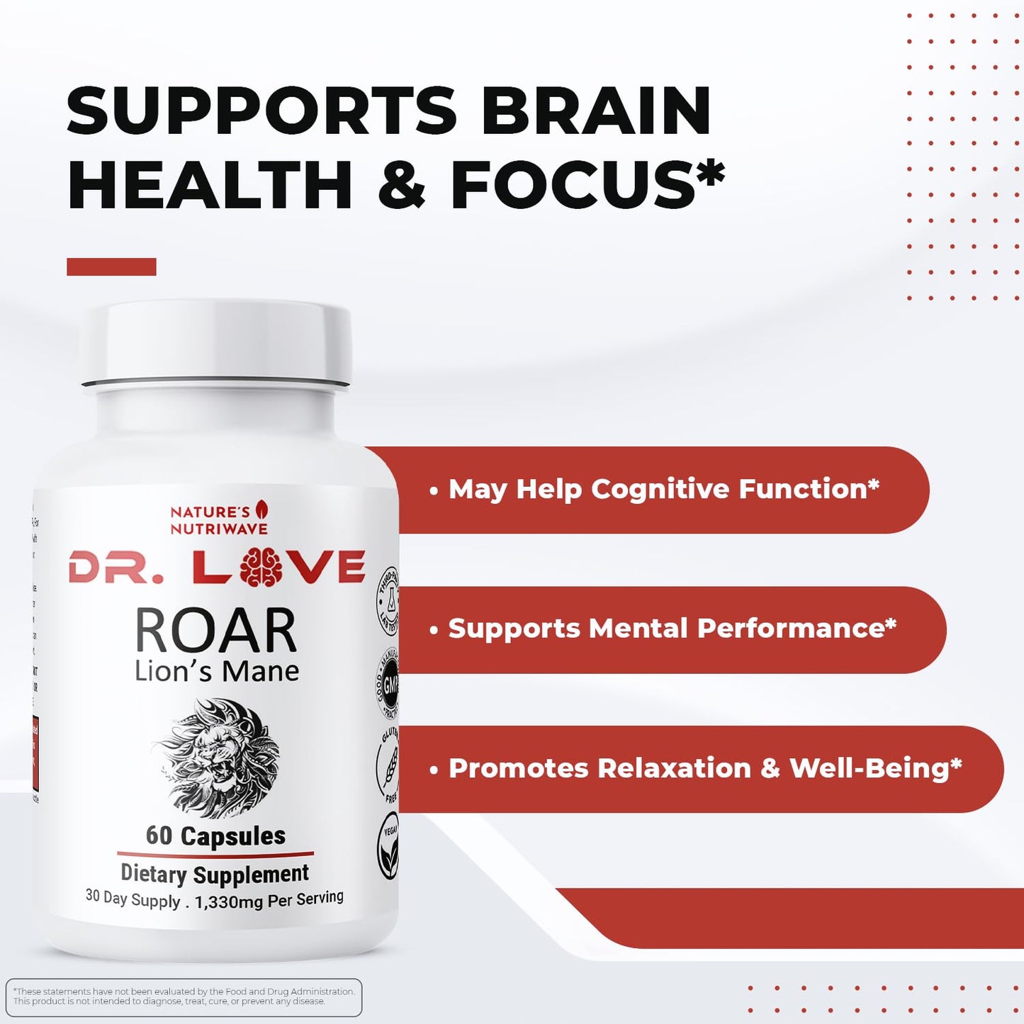 Nature’s NutriWave Dr. Love Roar Lion’s Mane Mushroom Supplement – Plant-Based Formula with Cordyceps, Reishi & Shiitake – Vegan, Gluten-Free, GMP Certified, Made in USA – 60 Capsules, 1 Month Supply Nature’s NutriWaveBuy Supplements Australia
