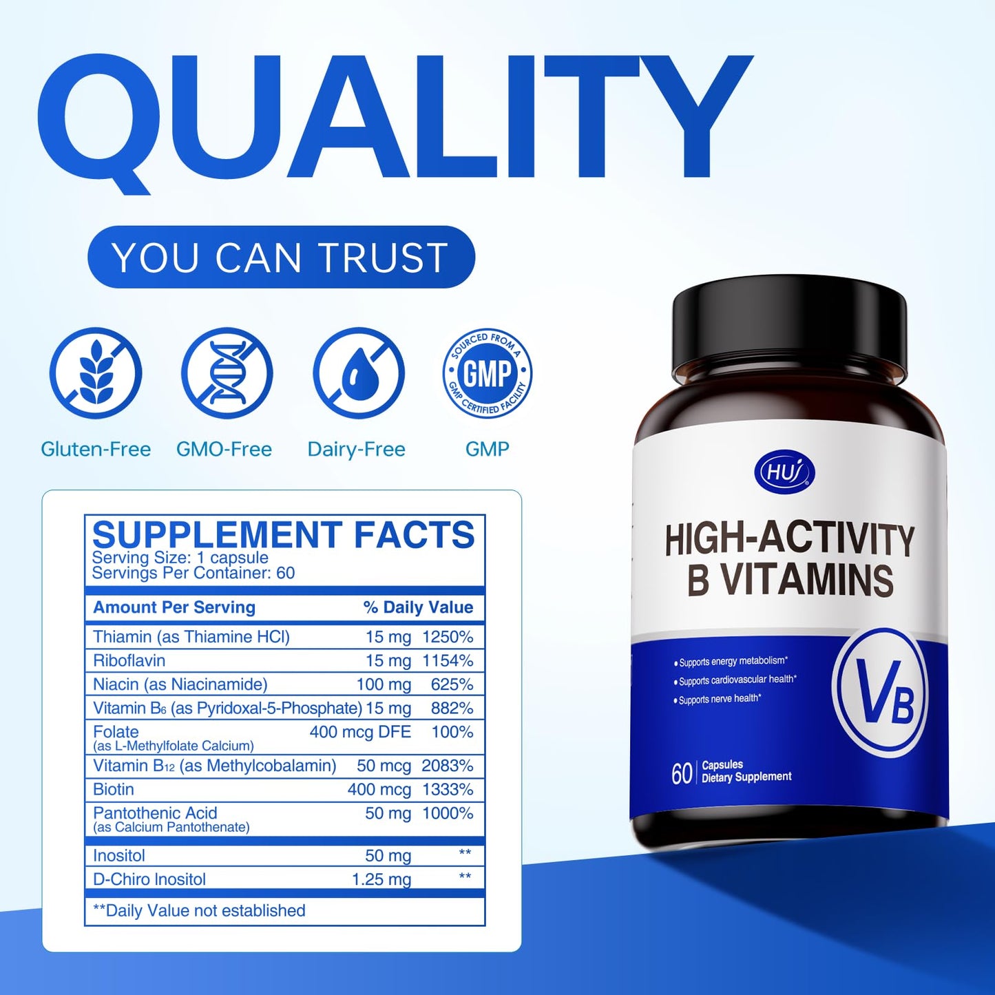 HUJ High-Activity B Vitamins - Supports Normal Energy Metabolism & Nerve System Health - Supplement with 8 B Vitamins, Inositol and D-Chiro Inositol - 60 Capsules. HUJBuy Supplements Australia