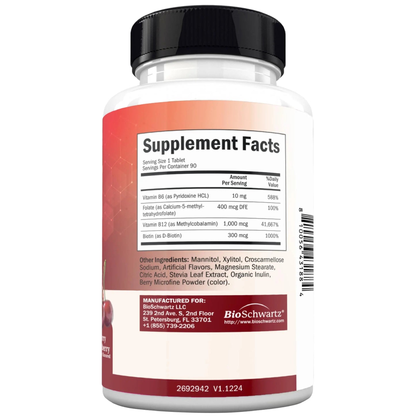 BioSchwartz Bariatric B12 Plus Dissolvable Tablets - 1000mcg Vitamin B12, Vitamin B6, Folate, Biotin - Cherry Strawberry Flavor BioSchwartz