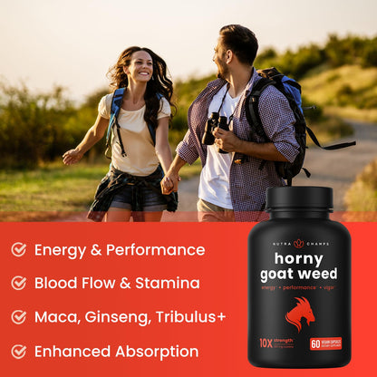 NutraChamps Horny Goat Weed, 1000mg Epimedium Energy Supplement, 10X Strength Icariin, Ginseng, Tribulus & Maca Pills for Women & Men, Enhanced Absorption with Black Pepper, 60 Vegan Capsules NutraChampsBuy Supplements Australia
