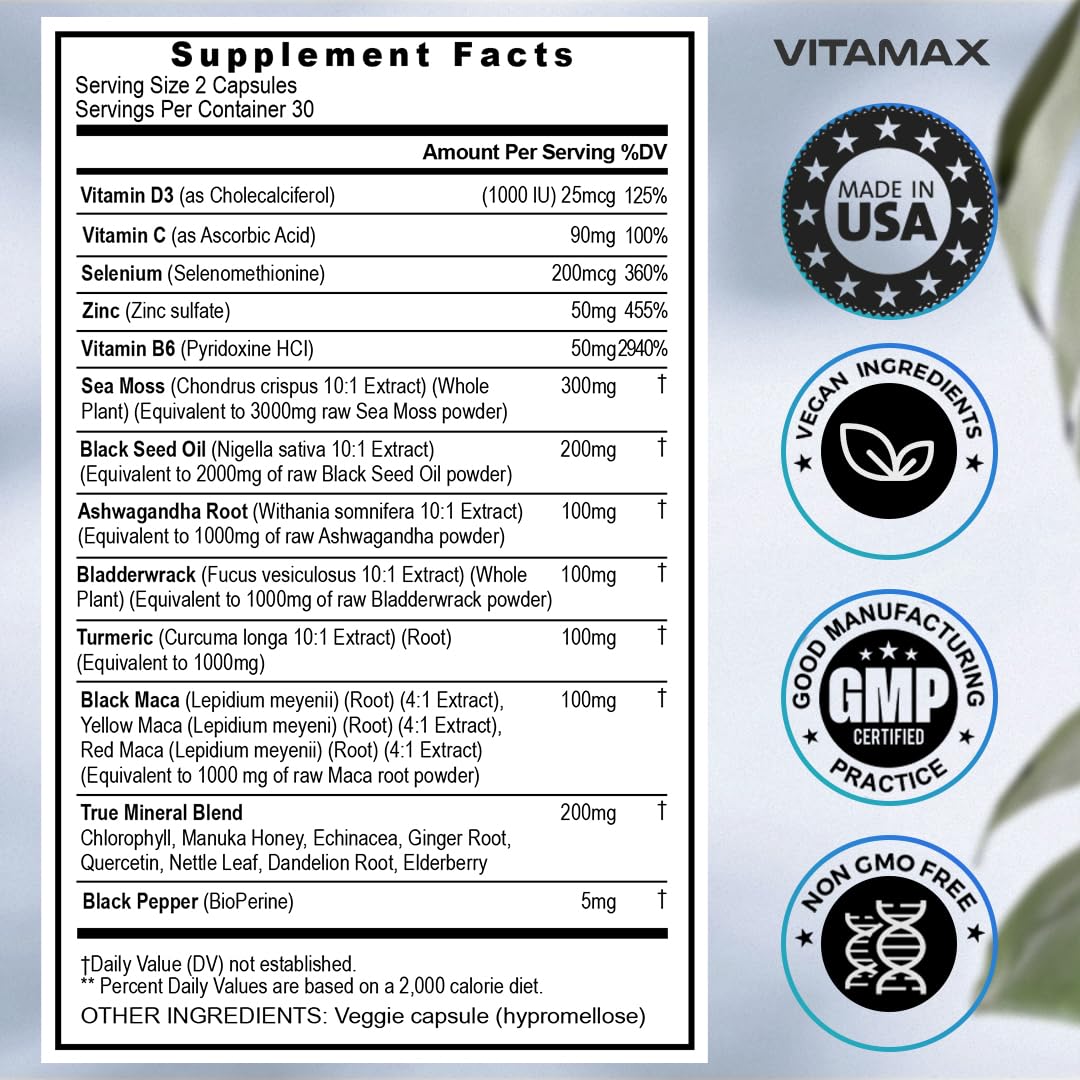 Sea Moss, Maca, Black Seed Oil, Ashwagandha, Bladderwrack, Turmeric VitamaxBuy Supplements Australia