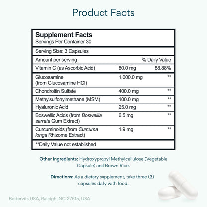 Bettervits Glucosamine Complex with MSM Сhondroitin | Joint Supplements for Women and Men with Vitamin C | Arthritis Support Supplement for Mobility & Flexibility - 90 Capsules BettervitsBuy Supplements Australia
