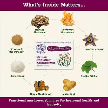 Period ovulatory & PMS Support Supplement for Women – Hormone Balance + 4-Phase Menstrual Cycle Kit | Vegan Functional Mushroom Gummies by Baker’s Botanics (Pack of 6)(30 Gummies) Baker's BotanicsBuy Supplements Australia