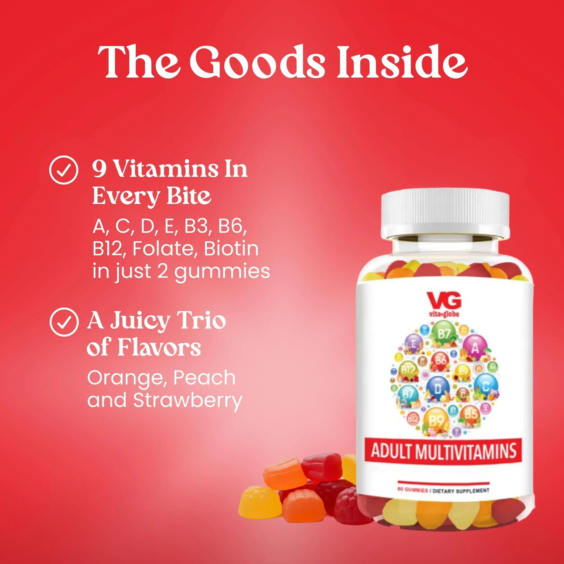 VITA GLOBE Adult Multivitamin Gummies – 9 Daily Vitamins with C, D, E, B6, B12, Folate & Biotin | Delicious Juicy Trio Orange VITA GLOBE