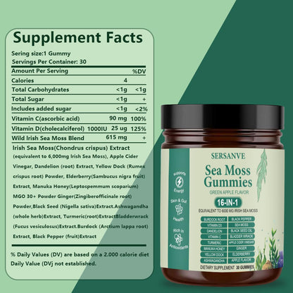 Sea Moss Gummies 16-in-1, with Black Seed Oil, Ashwagandha & Elderberry | Organic Irish Sea Moss Supplement for Men & Women | Daily Support with Manuka, Burdock Root & Vitamins C & D3, 30 Gummies SERSANVEBuy Supplements Australia