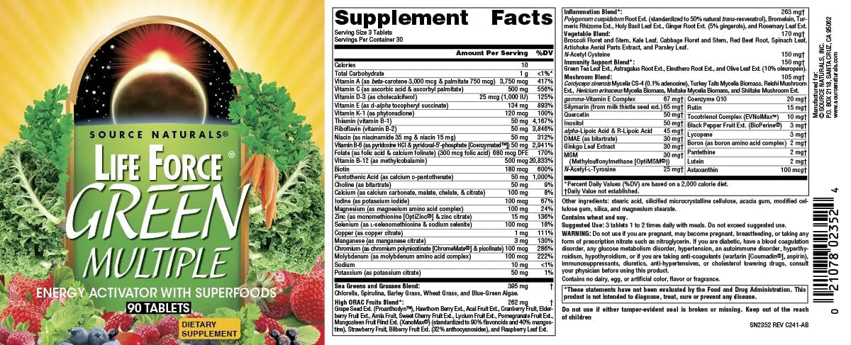 Source Naturals Life Force Green Multiple, Energy Activator with Superfoods* - 90 Tablets Source NaturalsBuy Supplements Australia