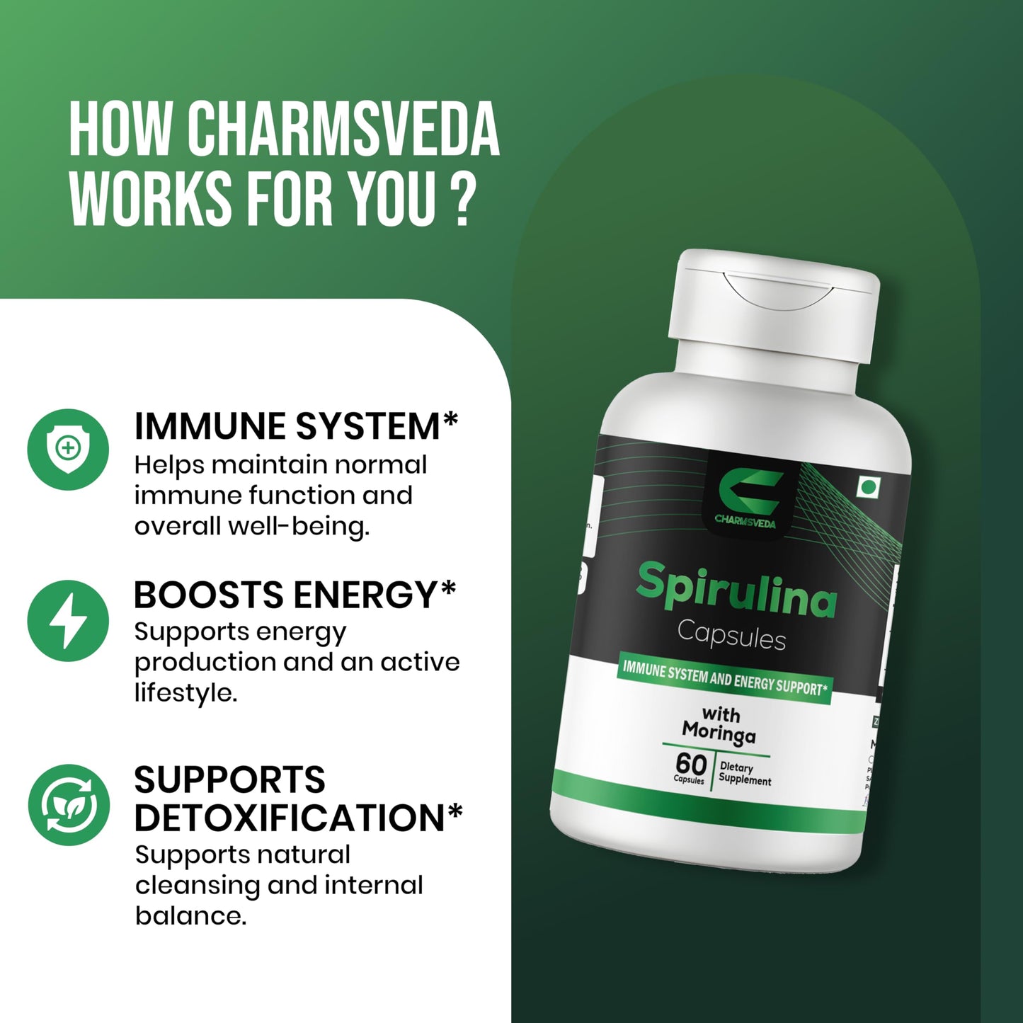 CHARMSVEDA Spirulina Capsules with Moringa – Herbal Immune Support* – 60 Vegan Capsules CHARMSVEDABuy Supplements Australia