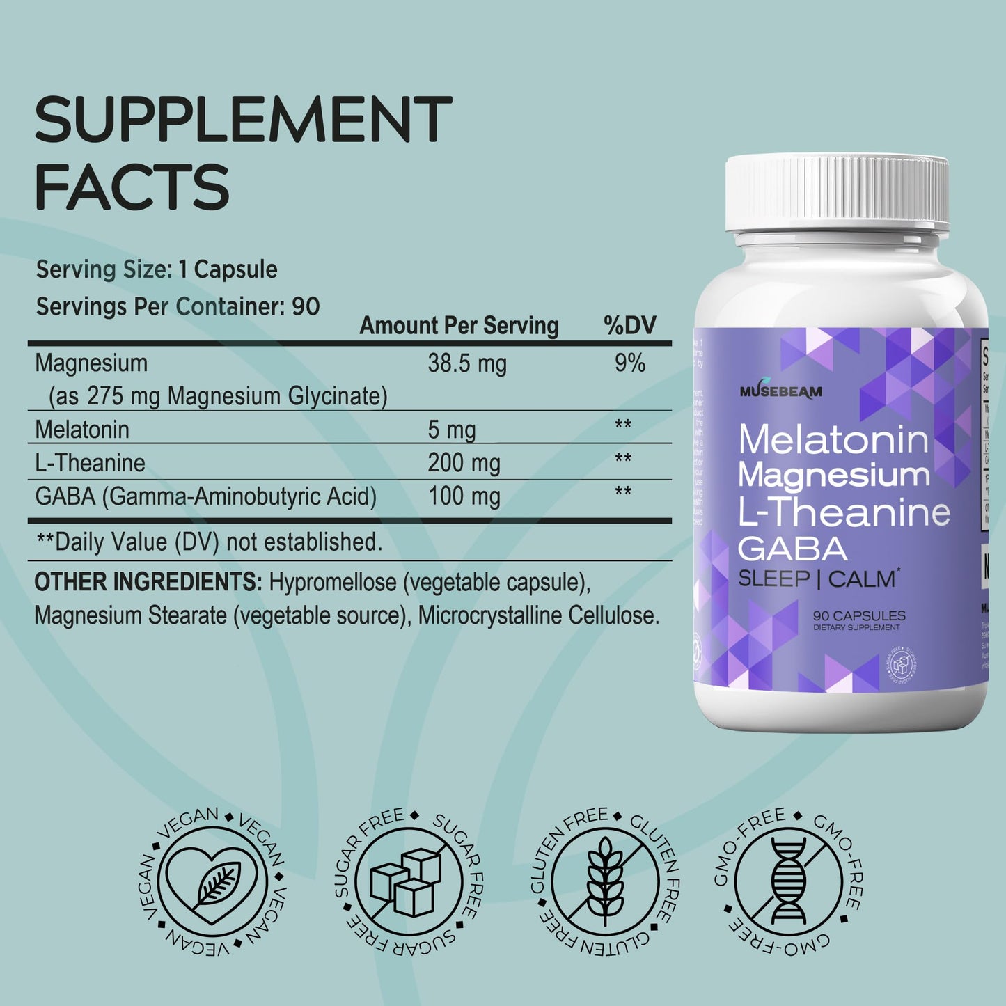 MuseBeam Magnesium Glycinate 275mg Melatonin 5mg L-Theanine 200mg GABA 100mg Capsules - Full Rest Nighttime Bedtime Support Supplement for Men Women - Vegan Sugar-Free Gluten-Free musebeamBuy Supplements Australia