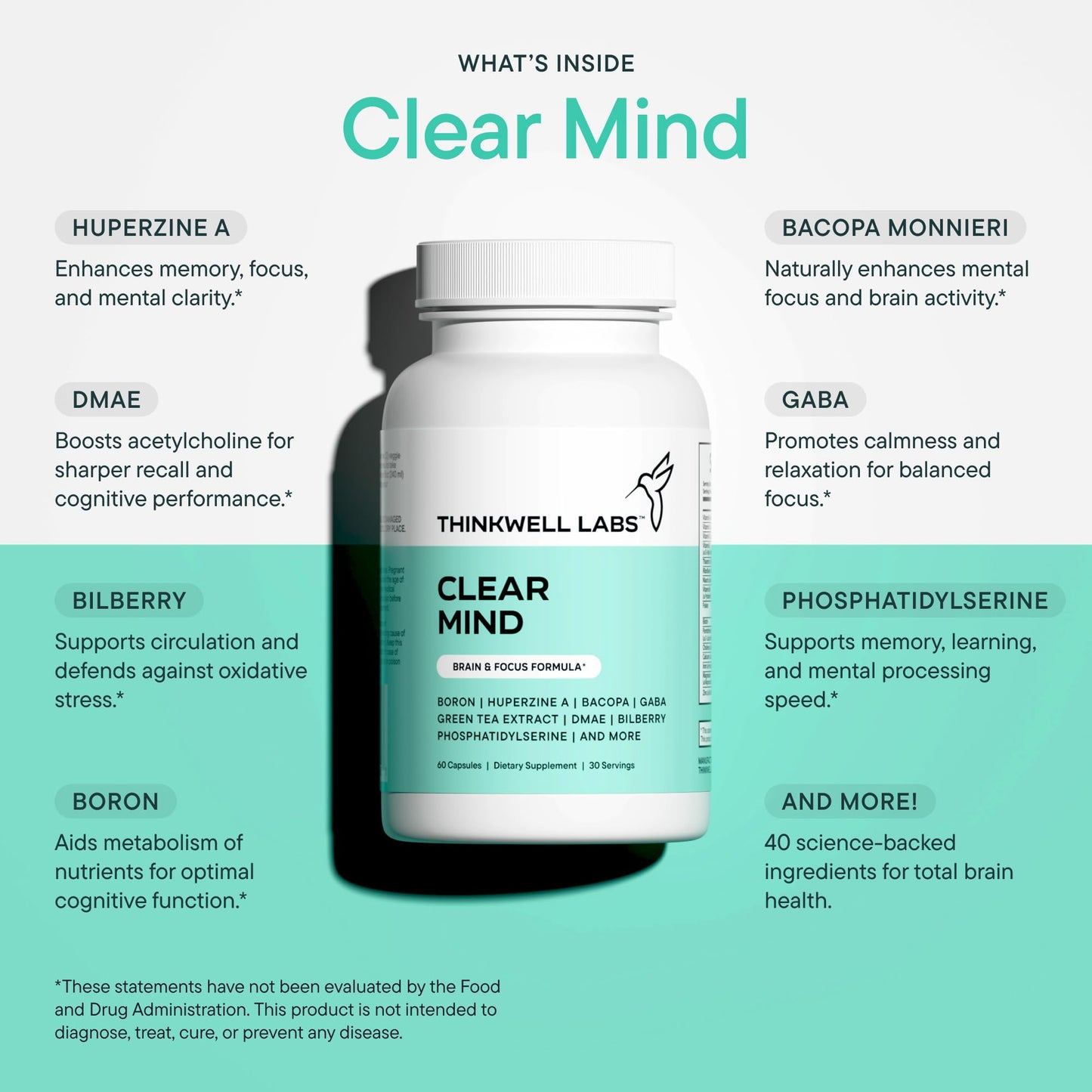 THINKWELL LABS Brain Supplements for Memory and Focus for Women and Men, Focus Supplement, Memory Supplement for Brain, Nootropic with Boron, Huperzine A, Phosphatidylserine (40-in-1, 60 Capsules) THINKWELL LABSBuy Supplements Australia
