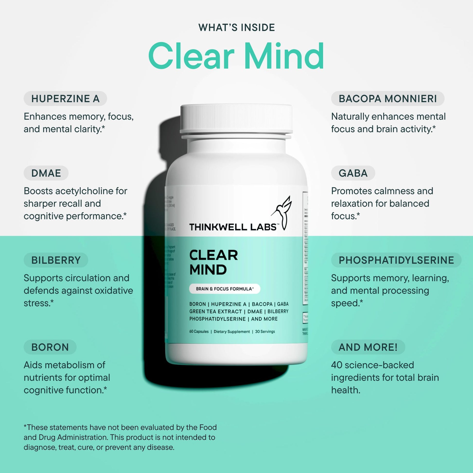 THINKWELL LABS Brain Supplements for Memory and Focus for Women and Men, Focus Supplement, Memory Supplement for Brain, Nootropic with Boron, Huperzine A, Phosphatidylserine (40-in-1, 60 Capsules) THINKWELL LABSBuy Supplements Australia