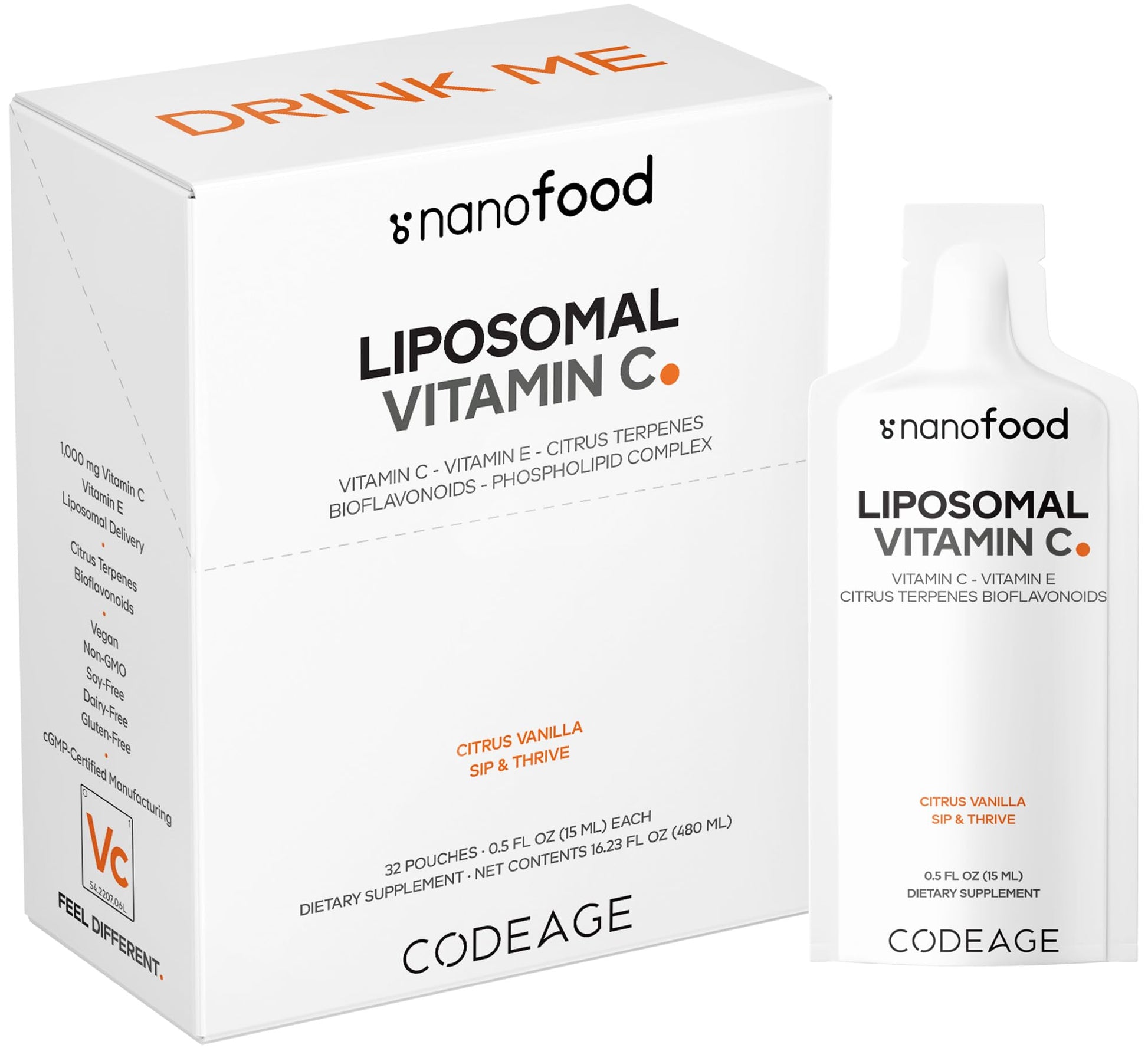 Codeage Liposomal Vitamin C Liquid 1000mg Vitamin C, 4000mg Essential Phospholipids, Supplement For Daily Immune Support, Liposomes For Absorption, Citrus Bioflavonoids, Vitamin E, Non-GMO, 32 Pouches CodeageBuy Supplements Australia