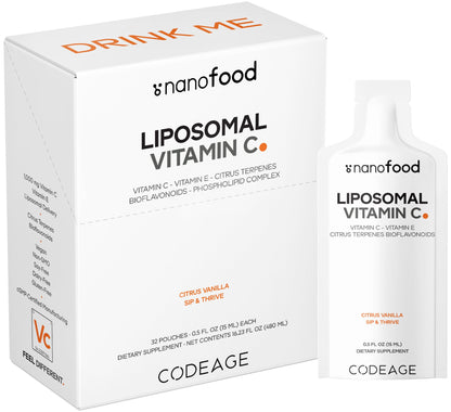 Codeage Liposomal Vitamin C Liquid 1000mg Vitamin C, 4000mg Essential Phospholipids, Supplement For Daily Immune Support, Liposomes For Absorption, Citrus Bioflavonoids, Vitamin E, Non-GMO, 32 Pouches CodeageBuy Supplements Australia