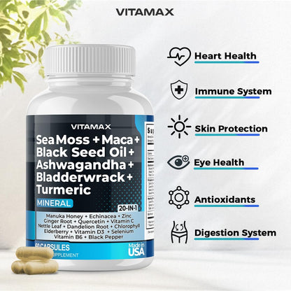 Sea Moss, Maca, Black Seed Oil, Ashwagandha, Bladderwrack, Turmeric VitamaxBuy Supplements Australia