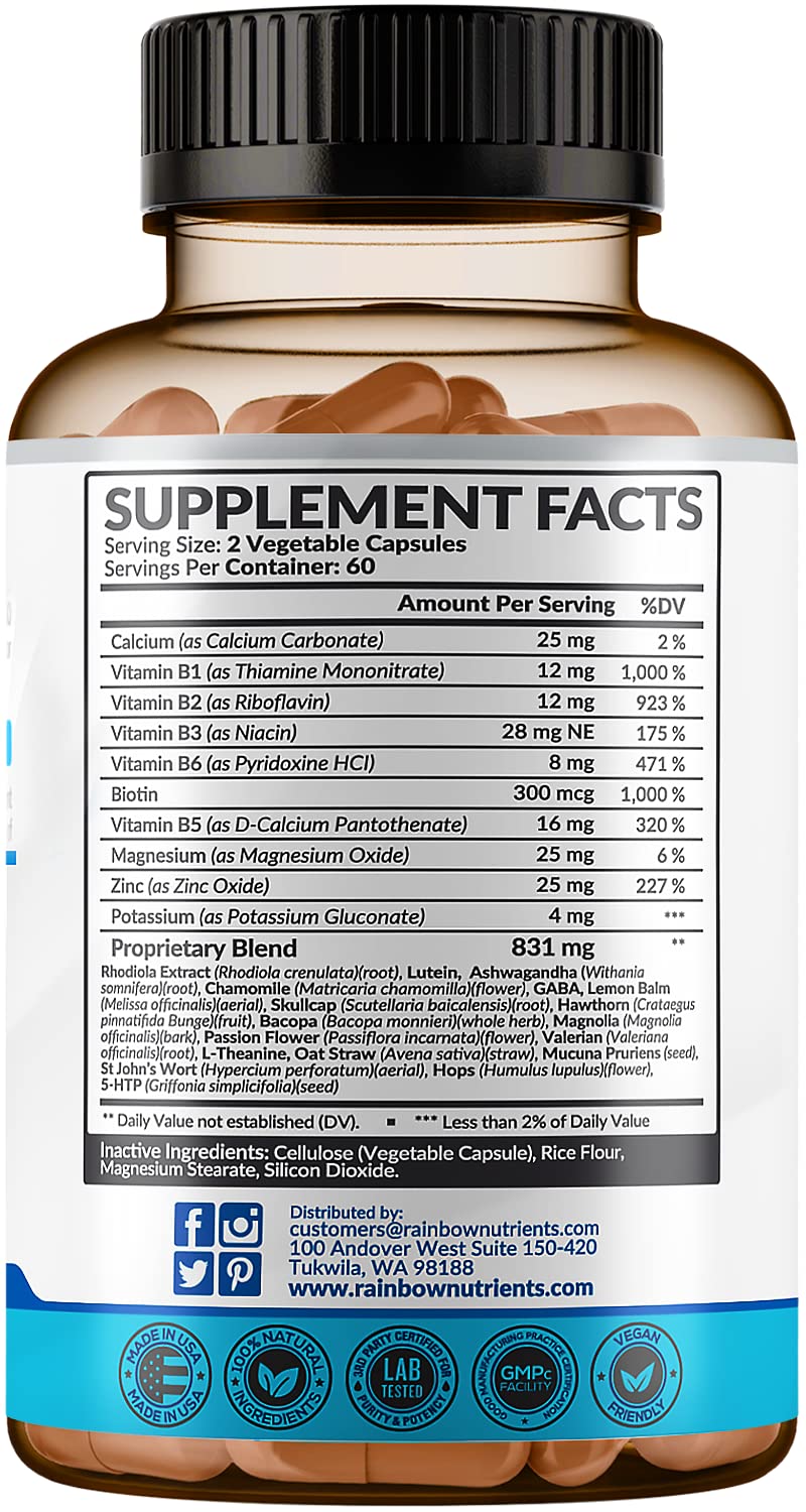 28 in 1 Calm Mood Support Supplement- Natural Happy Pills for Occasional Anxiousness & Stress, Worry feelings, Relaxation, Mental Clarity | Max Sleep & Mood Support for Women & Men|120 Vegan Capsules Rainbow Nutrients, LLCBuy Supplements Australia