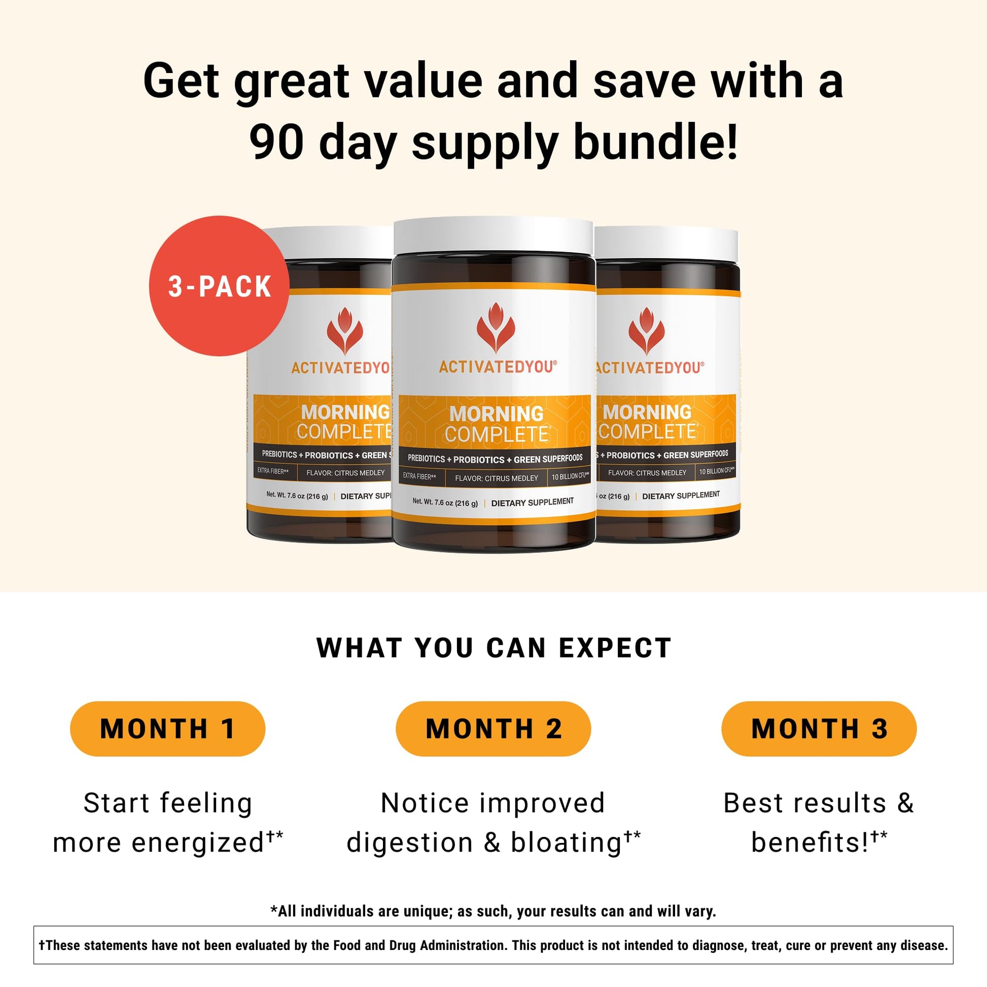 ACTIVATEDYOU Morning Complete Daily Wellness Greens Superfood Drink Mix for Gut Health w/Prebiotics, Probiotics, Antioxidants, Green Superfoods, 10 Billion CFUs (3 Pack, Citrus Medley) ACTIVATEDYOUBuy Supplements Australia