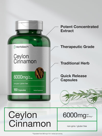 Ceylon Cinnamon Capsules | 6000 mg | 150 Count | Non-GMO & Gluten Free Supplement HorbäachBuy Supplements Australia
