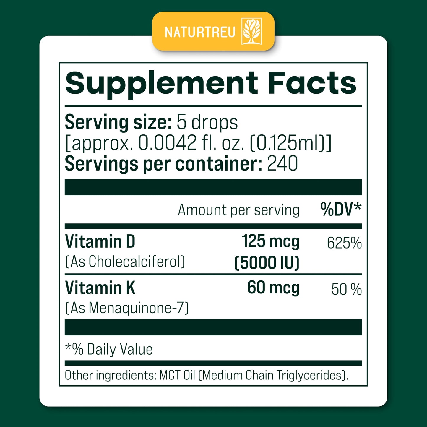 NATURTREU Vegan Vitamin D3 K2 Liquid Drops with MCT Oil for Adults (240 Servings) - Liquid Vitamin D K2 MK7 - All Natural, Non-GMO & Dr Formulated with 3X More Absorption - Third-Party Tested NATURTREUBuy Supplements Australia