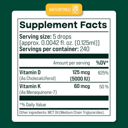 NATURTREU Vegan Vitamin D3 K2 Liquid Drops with MCT Oil for Adults (240 Servings) - Liquid Vitamin D K2 MK7 - All Natural, Non-GMO & Dr Formulated with 3X More Absorption - Third-Party Tested NATURTREUBuy Supplements Australia