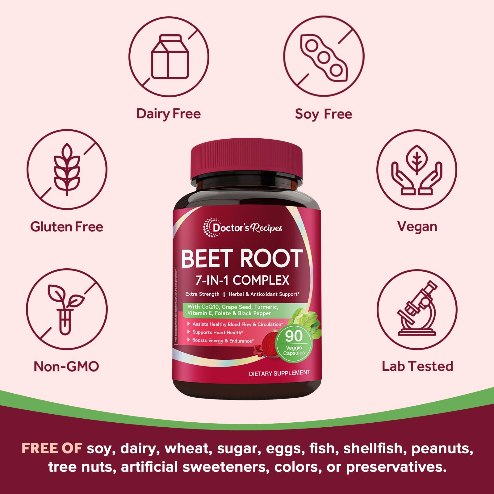 Doctor's Recipes Beet Root Capsules, 20:1 Extract with Grape Seed, CoQ10, Turmeric, Black Pepper for Enhanced Absorption, Supports Heart, Circulation, Energy & Nitric Oxide, Non-GMO, 90 Veg Caps Doctor's RecipesBuy Supplements Australia