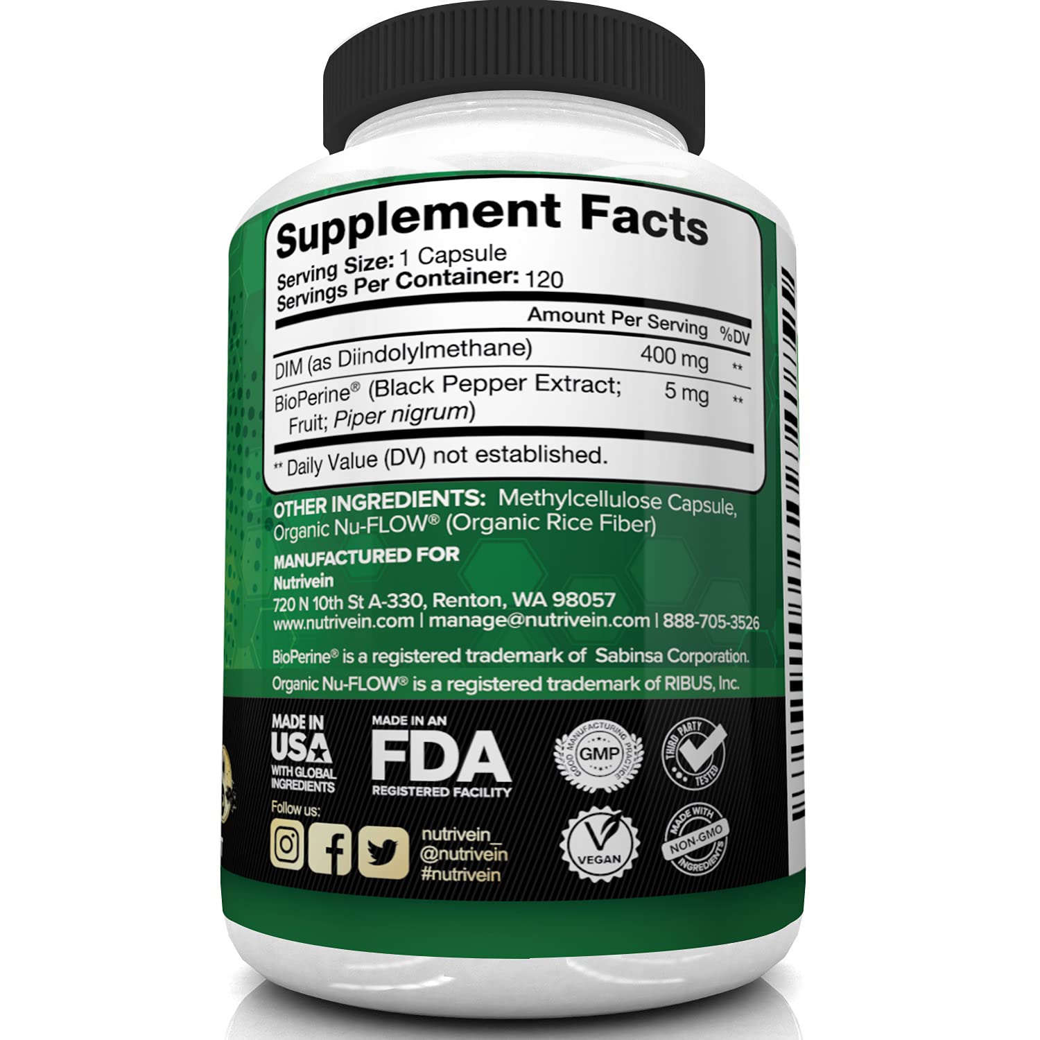 Nutrivein DIM Supplement 400mg Diindolylmethane Plus Bioperine - Maintain Hormone NutriveinBuy Supplements Australia