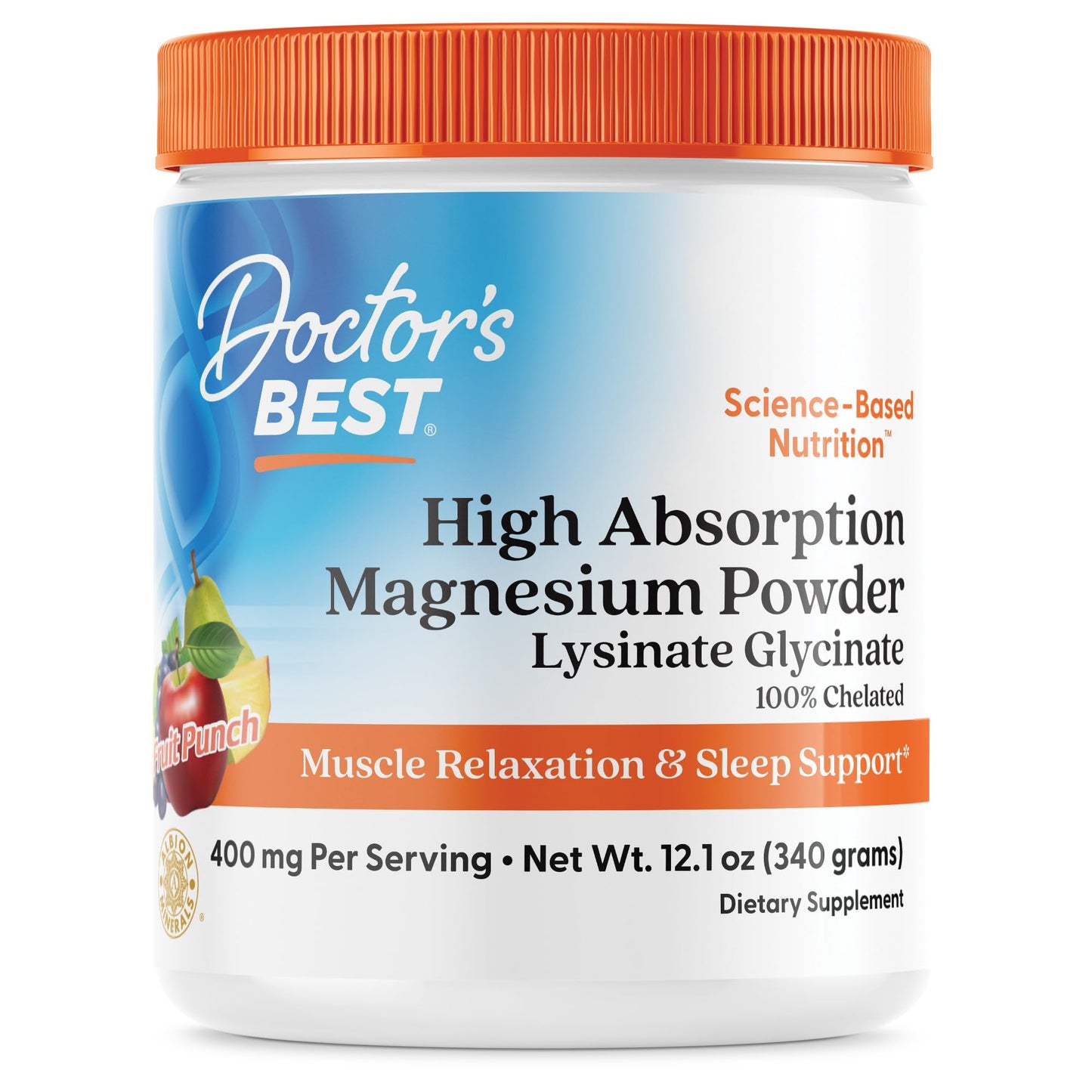 Doctors Best High Absorption Magnesium Powder Lysinate Glycinate 100% Chelated, Muscle Relaxation & Sleep Support, Gluten Free, Vegan, 100% Chelated Net Wt. 12.1 oz (340 Grams), Fruit Punch Flavor Doctor's BESTBuy Supplements Australia