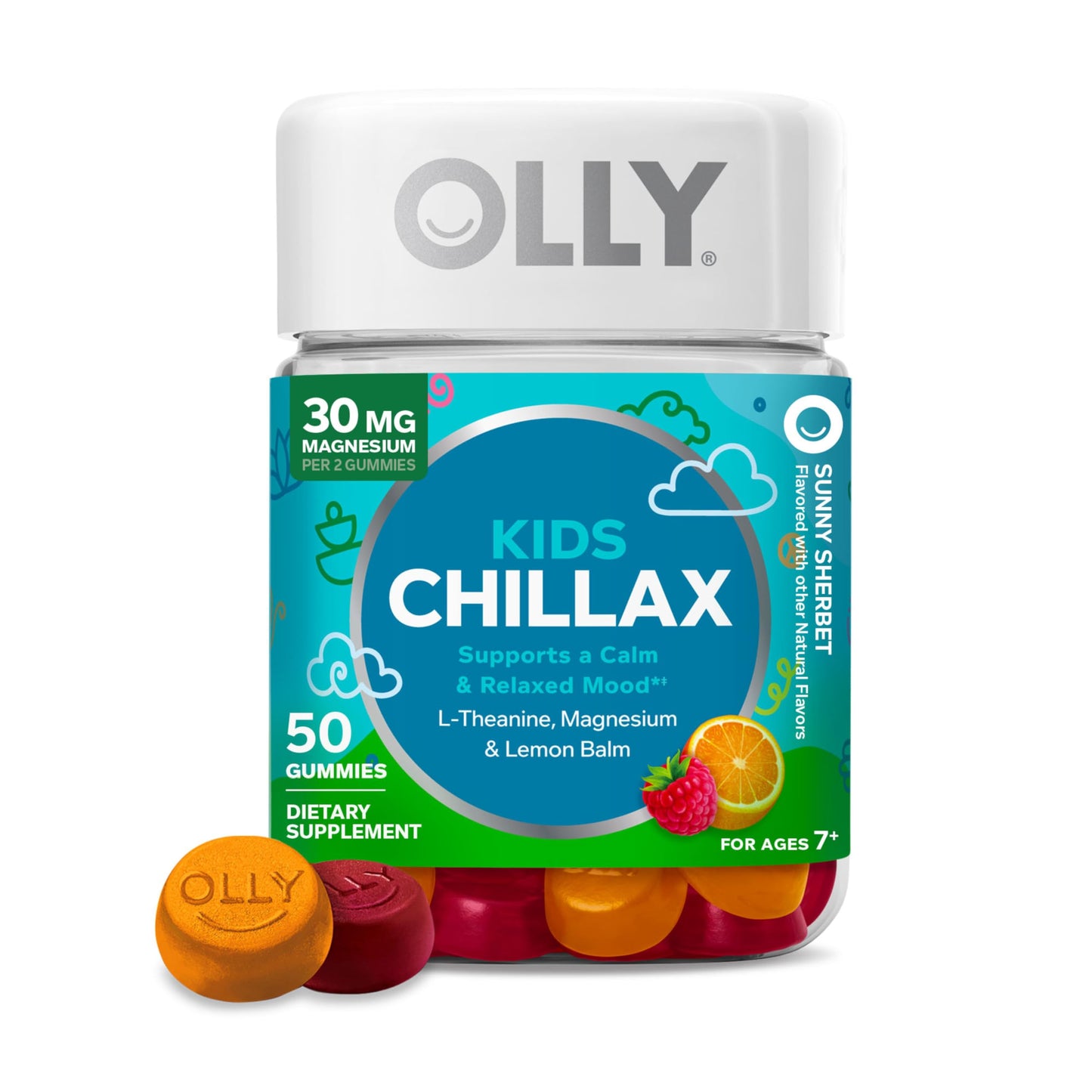 OLLY Kids Chillax Gummy, For a Calm and Relaxed Mood*, Magnesium, L-Theanine, Lemon Balm Extract, Chewable Supplement, Sherbet Flavored, 25 Day Supply - 50 Count (Packaging May Vary) OLLYBuy Supplements Australia