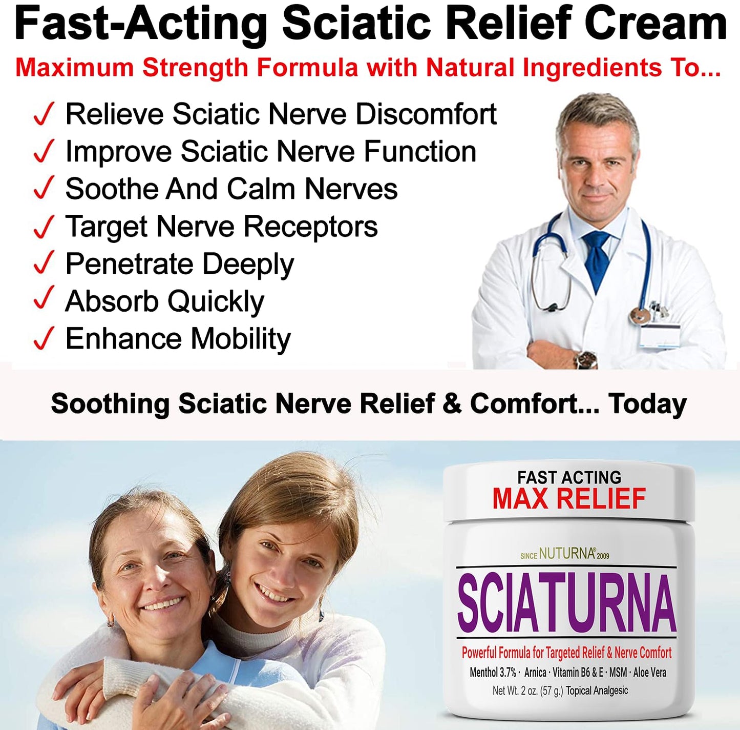 Sciatica Nerve Cream - Maximum Strength Comfort Cream for Feet, Hands, Legs, Toes, Back - Natural Ultra Strength Arnica, MSM, Menthol, Soothing Comfort, 2 Oz NuturnaBuy Supplements Australia