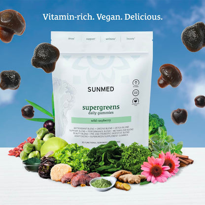 SUNMED Supergreens Daily Gummies – Wellness Blend with Ashwagandha, Green Tea, Spirulina, Probiotics, Antioxidants & Detox Support for Immunity, Gut, Skin & Brain Health | Wild Raspberry, 60ct SUNMEDBuy Supplements Australia
