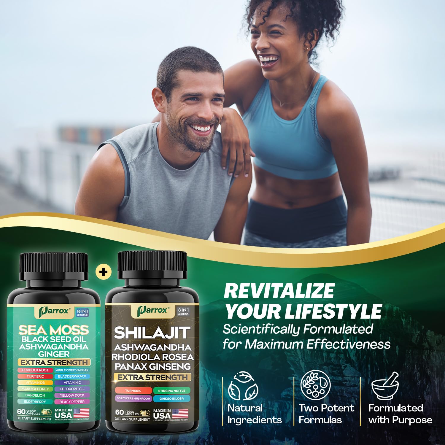 Parrox Shilajit and Sea Moss Bundle, Sea Moss 350mg, Black Seed Oil 200mg, Ashwagandha 100mg, Turmeric, Shilajit 300mg, Rhodiola Rosea 100mg, Panax Ginseng 50mg, Dynamic Vitality Bundle (2 Pack) ParroxBuy Supplements Australia