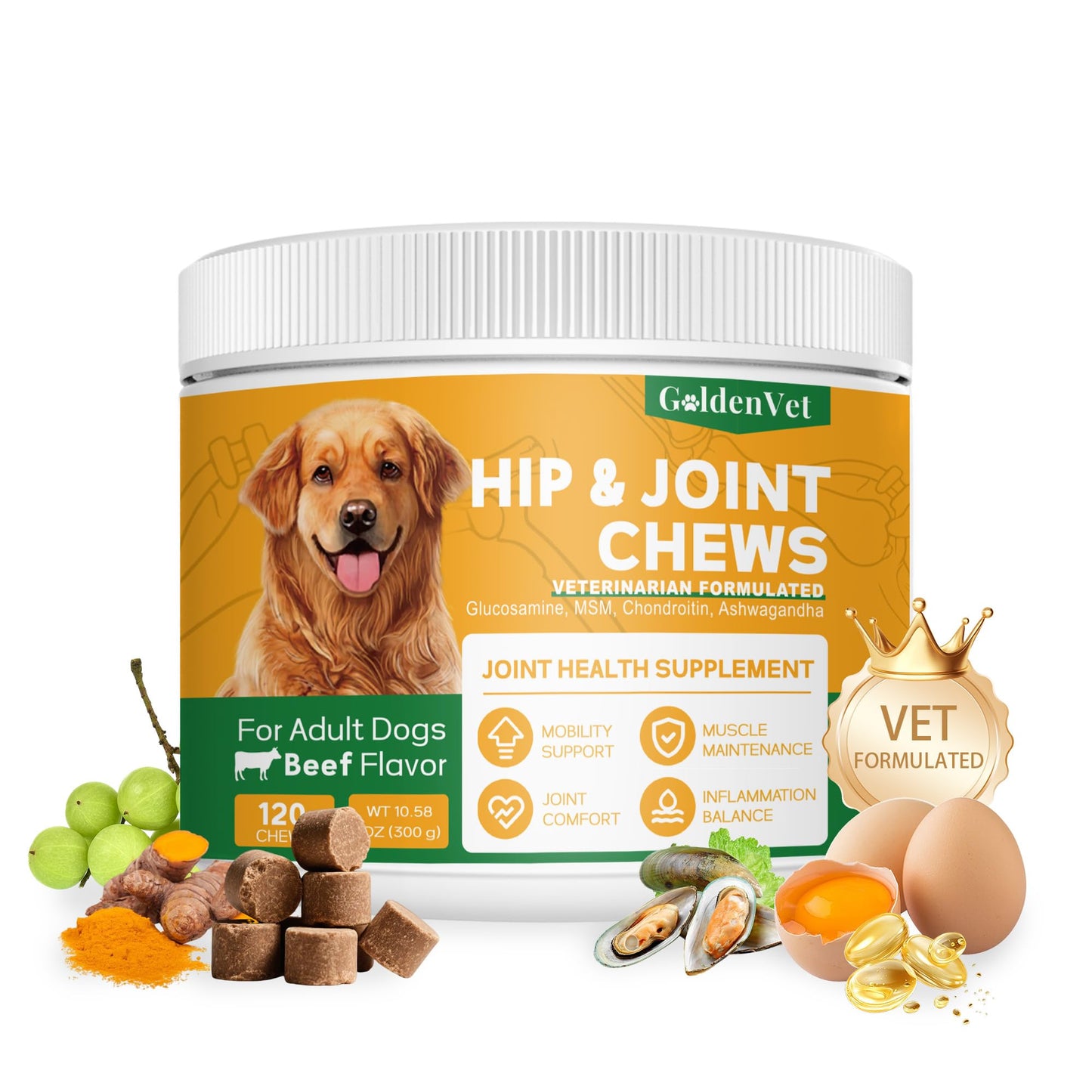 Hip and Joint Chews for Senior Dogs with Glucosamine HCL, Chondroitin, Green-lipped Mussel, Ashwagandha for Anti Inflammatory, Mobility Support, Muscle Maintenance, Joint Comfort 120 Ct GOLDENVETBuy Supplements Australia