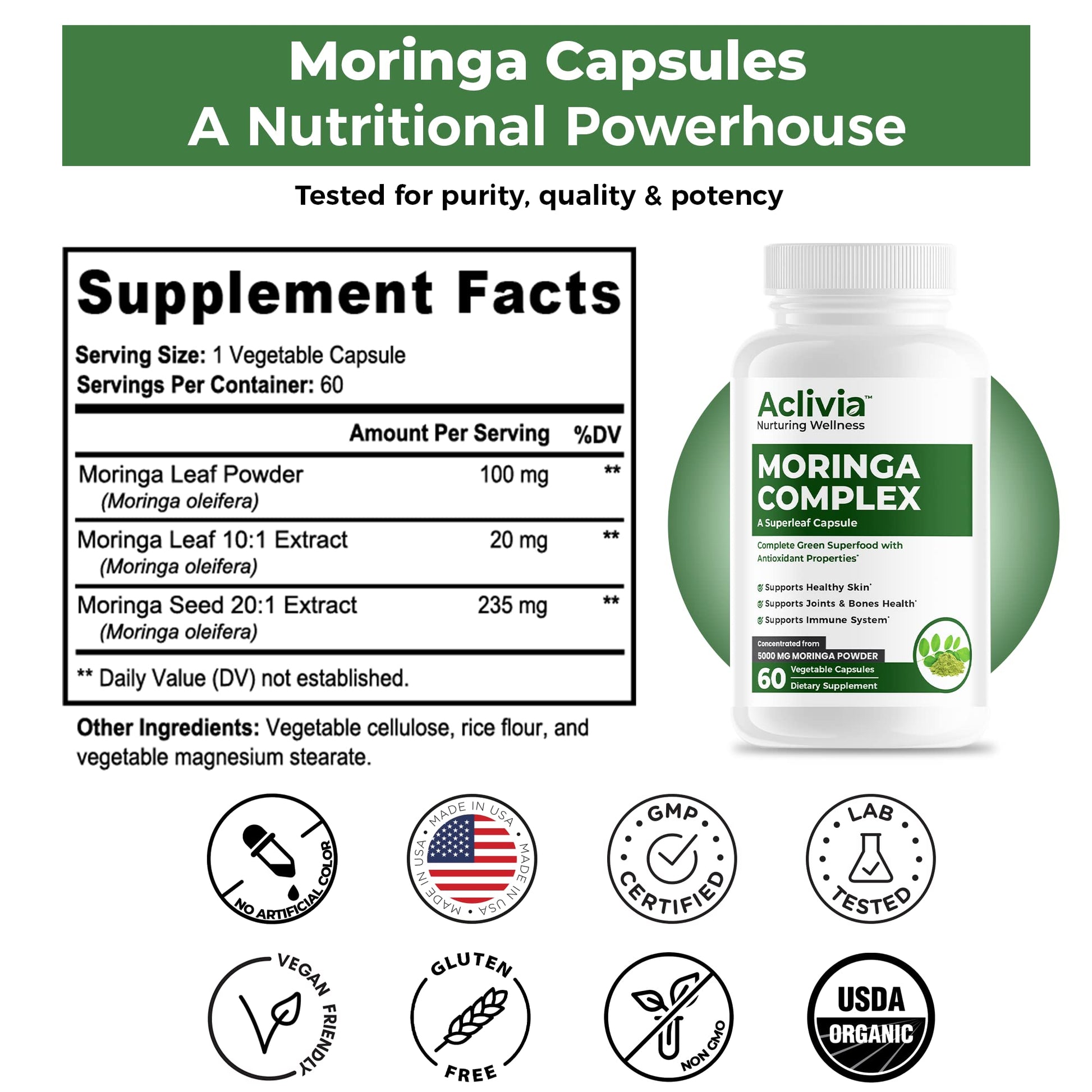 Aclivia - Moringa Complex - Maximum Strength Moringa Oleifera Leaf & Seed Supplement - Superfood Capsules with Antioxidant Properties - 5000mg - 60 Capsules AcliviaBuy Supplements Australia