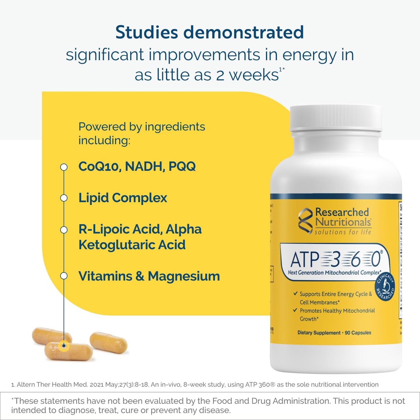 Researched Nutritionals ATP 360 - Mitochondrial Supplements to Support Entire Energy Cycle & Cell Membranes - Clinically Researched ATP Supplements, High Dose CoQ10, R-Lipoic Acid & PQQ, 90 Capsules Researched NutritionalsBuy Supplements Australia