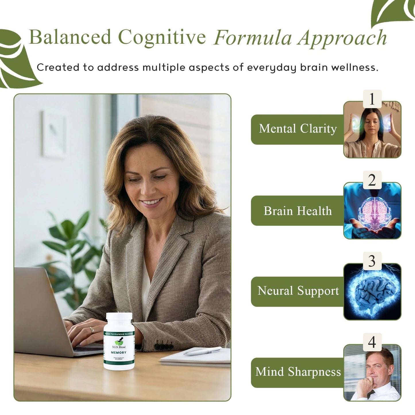 M.D. Blend Brain Support for Memory and Focus - Brain Supplement for Memory & Neural Function - Premium L-Tyrosine, Phosphatidylserine, Bacopa Monnieri Focus Supplement, 30 Capsules (Pack of 1) M.D. BlendBuy Supplements Australia