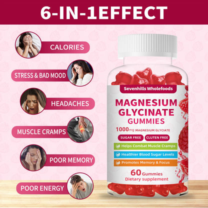 Magnesium Glycinate Gummies 1000mg - Sugar Free Magnesium Potassium Supplement for Relaxation, Calm, Stress Relief, and Sleep Support for Adults & Kids - 60 Raspberry Gummies Sevenhills WholefoodsBuy Supplements Australia
