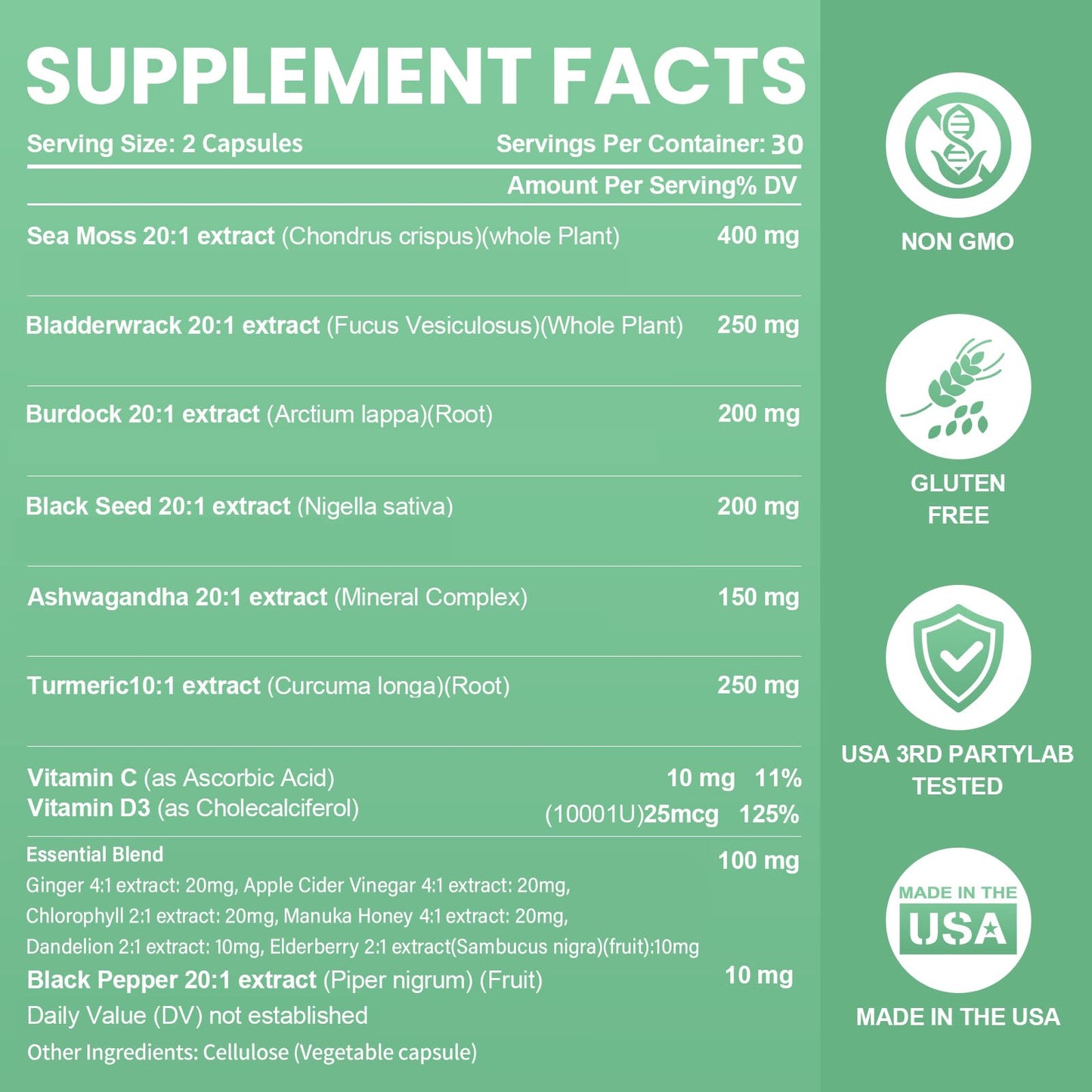 Sea Moss Black Seed Oil Ashwagandha Bladderwrack Burdock Root Turmeric & Vitamin C D3 Elderberry ACV Black Pepper - Multimineral Supplement - 60 Count GrevolBuy Supplements Australia