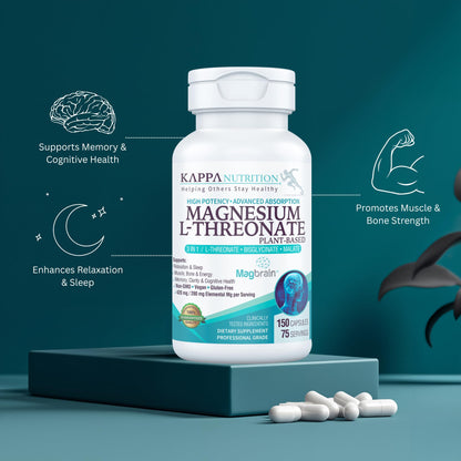 Kappa Nutrition Powered by Magbrain™ Magnesium L-Threonate Plant-Based, 150 Vegan Capsules, 420mg Elemental Magnesium (3 Capsules) from 2,253mg, Brain, Sleep & Muscle Support. KAPPA NUTRITIONBuy Supplements Australia