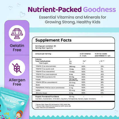 ZettoA Daily Multivitamins for Kids Ages 2+, Berry Gummies with 11 Essential Vitamins & Minerals for Immune Support ZettoA