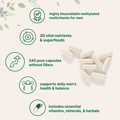 Pure Methylated Multivitamin for Men, 240 Capsules | 30 Key Nutrients with Vitamin C, D, E, B Complex + Methylfolate Micro IngredientsBuy Supplements Australia