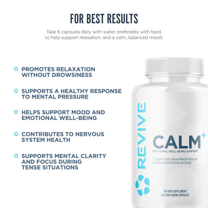 Revive MD Calm, Emotional Well-Being Support Supplement - Stress Management for Men & Women - Mood Enhancement Supplement Promotes Relaxation with L-Theanine, GABA & 5-HTP (180 Capsules, 30 Servings) ReviveBuy Supplements Australia