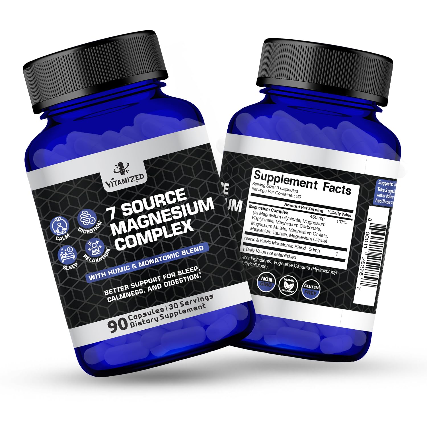 Magnesium Complex for Sleep, Relaxation, Digestion & Calm – Magnesium Glycinate, Citrate, Bisglycinate, Carbonate, Malate, Orotate, Taurate, + Humic/Fulvic for High Absorption - 90 ct. VITAMIZEDBuy Supplements Australia