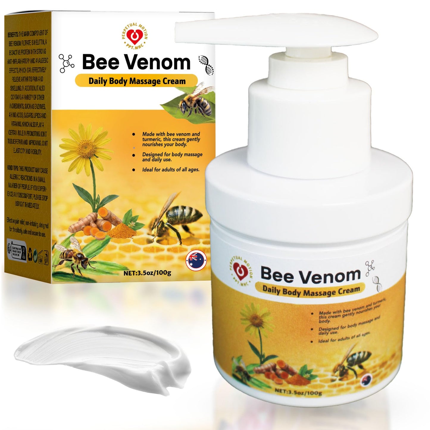 PPT.MHC Bee Venom Massage Cream with Pump - Soothing Muscle Rub with Turmeric, Arnica & MSM - Premium Bee Venom Lotion for Back, Legs & Feet - Everyday Non-Greasy 3.5oz Cream PPT.MHCBuy Supplements Australia
