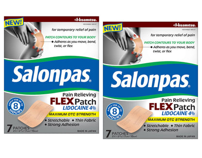 Salonpas Temporary Pain Relieving Flex Patch with Lidocaine 4%, Maximum OTC Strength, Stretchable Thin Fabric, Strong Adhesion, Contours to Body, Apply for Up to 8 Hours 7 ct (Pack of 2) SalonpasBuy Supplements Australia