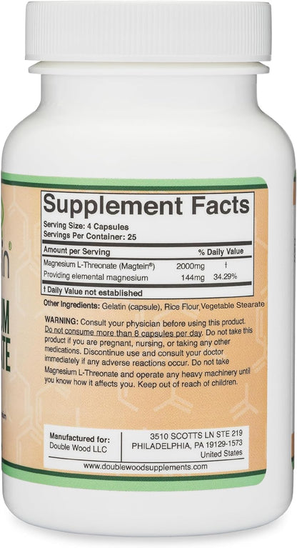 Magnesium L Threonate, Magtein, Sleep and Cognitive Support – High Absorption – Most Bioavailable Form of Magnesium – 2,000 mg – 120 Capsules Double Wood SupplementsBuy Supplements Australia