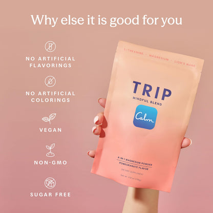 TRIP Magnesium Glycinate Powder with L-Theanine & Lion’s Mane, Sugar Free Magnesium Supplement for Adults, 250mg Magnesium per Drink Mix Serving, Pomegranate Orange Blossom, 1 Bag - 30 Servings TRIPBuy Supplements Australia