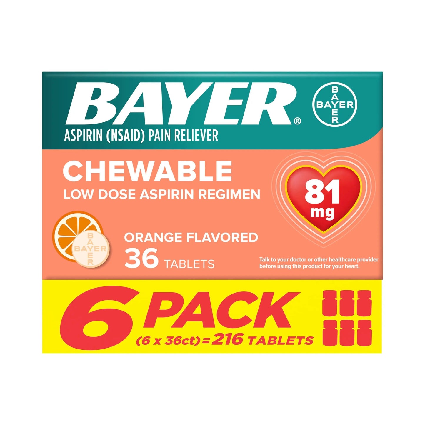 Bayer Aspirin Low Dose 81 mg Chewable Tablets, Pain Reliever, Orange Flavored, 216 Tablets (6 Pack) BayerBuy Supplements Australia