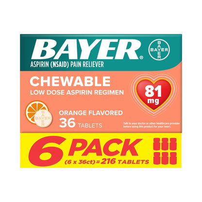 Bayer Aspirin Low Dose 81 mg Chewable Tablets, Pain Reliever, Orange Flavored, 216 Tablets (6 Pack) BayerBuy Supplements Australia